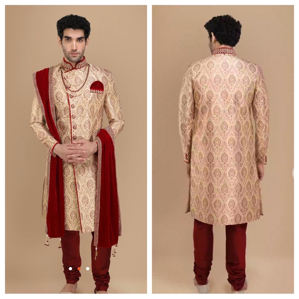 Ravishing Fawn Wedding Sherwani Gold jacquard w maroon red top
